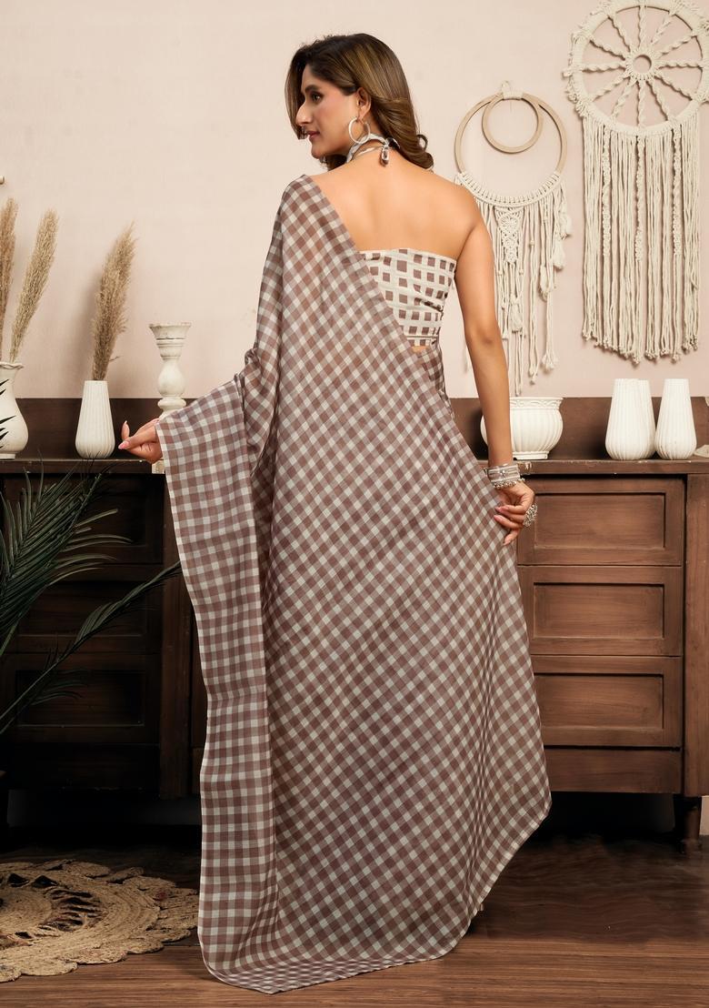 Brown Printed Linen Saree Set - Indya