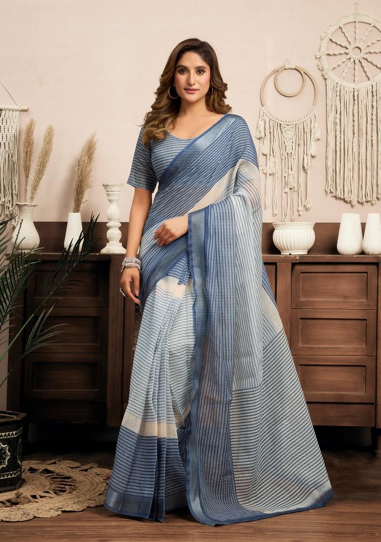Blue Printed Linen Saree Set - Indya