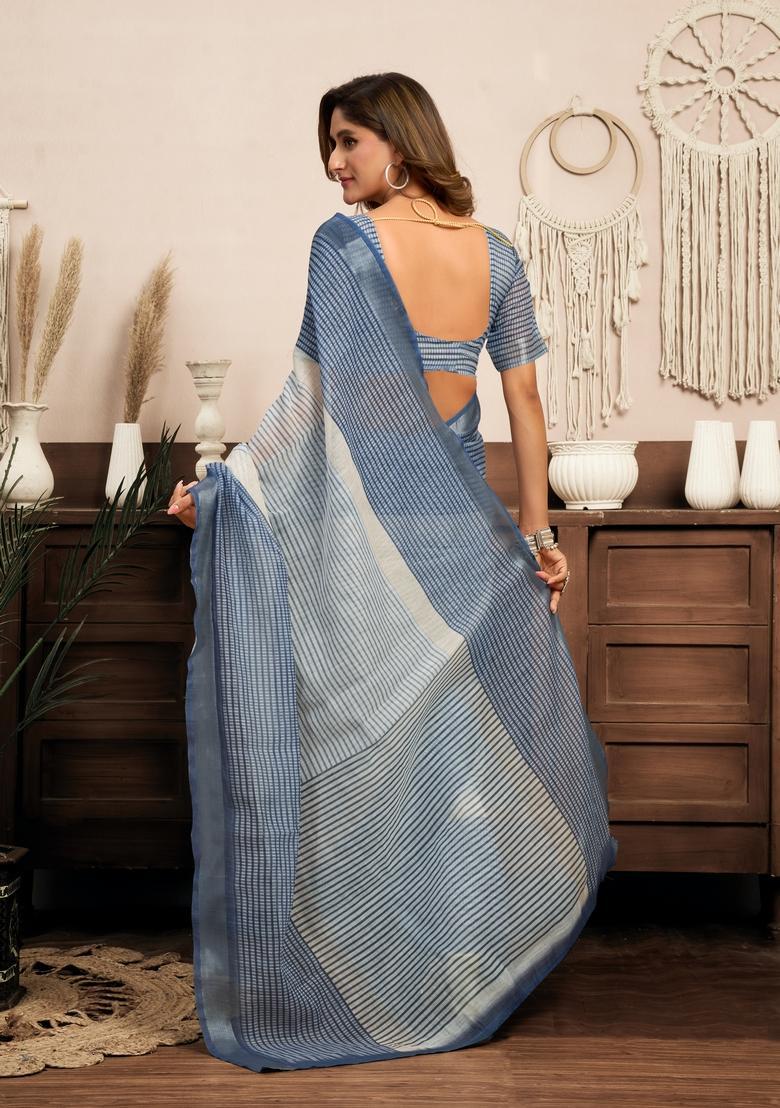 Blue Printed Linen Saree Set - Indya