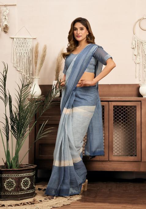 Blue Printed Linen Saree Set