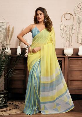 Yellow Printed Linen Saree Set