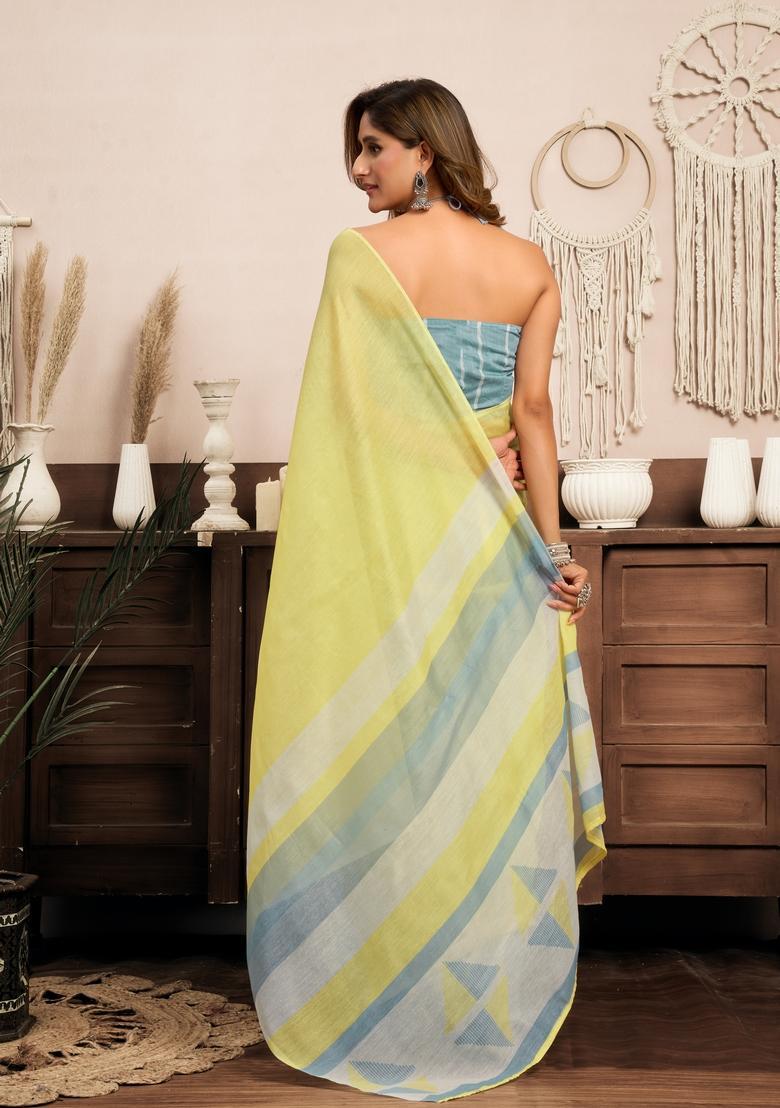 Yellow Printed Linen Saree Set - Indya