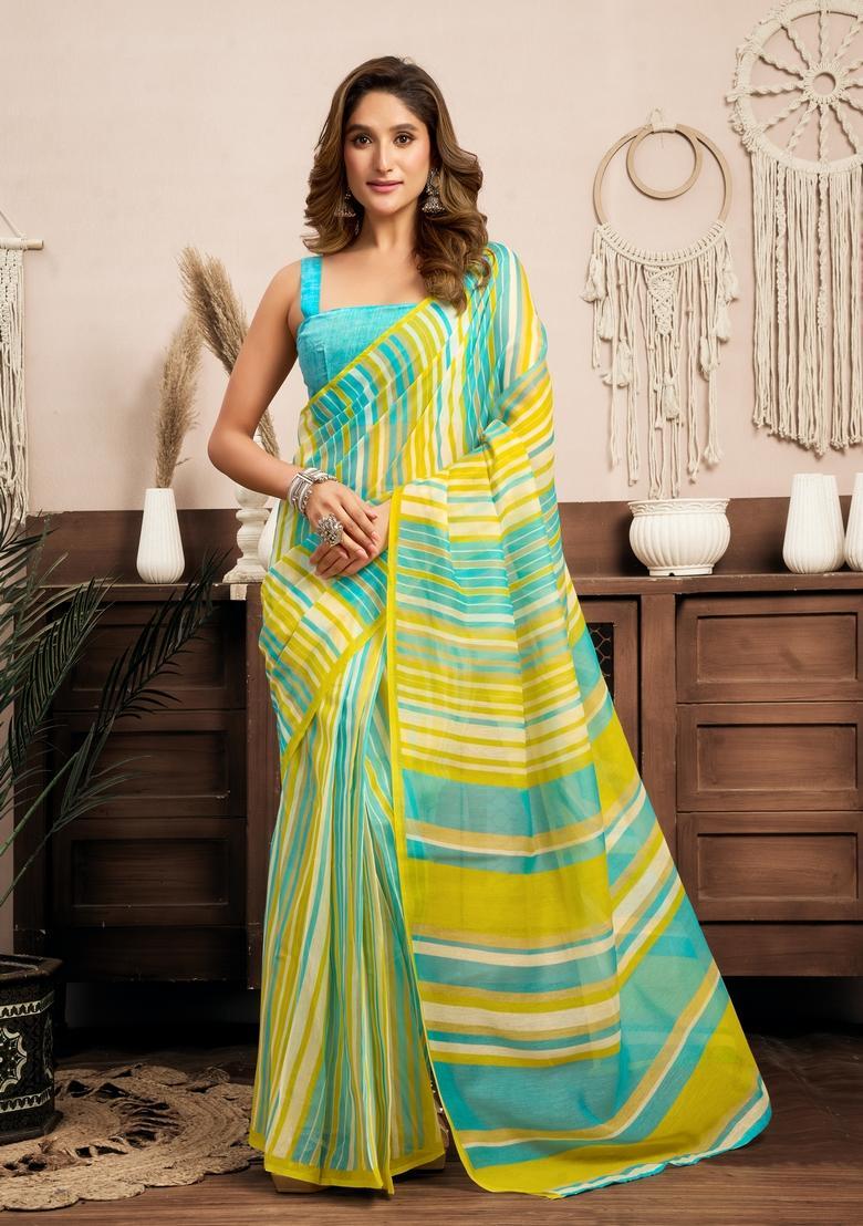 Blue Printed Linen Saree Set - Indya