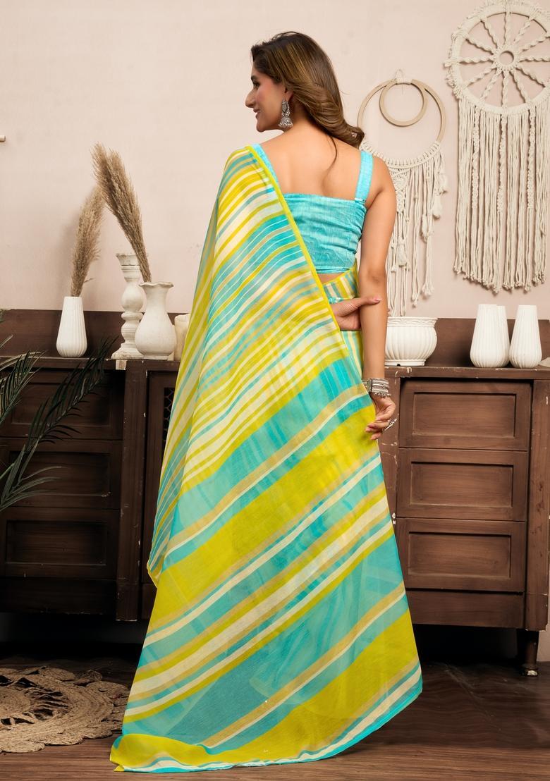 Blue Printed Linen Saree Set - Indya