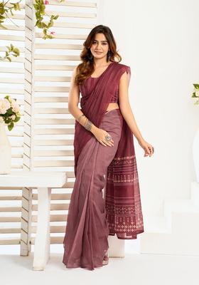 Maroon Printed Linen Saree Set