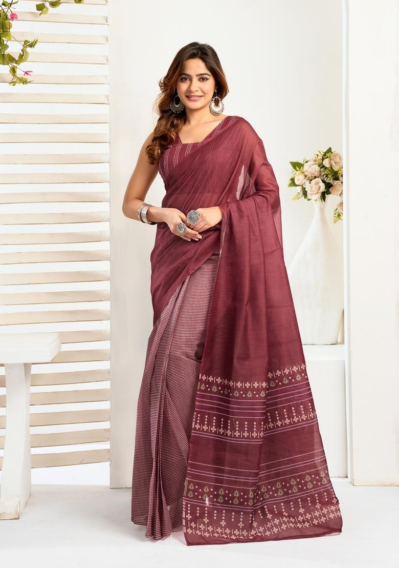 Maroon Printed Linen Saree Set - Indya
