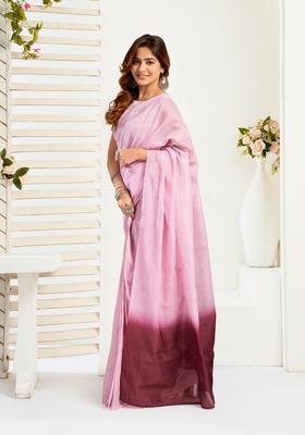 Pink Printed Linen Saree Set