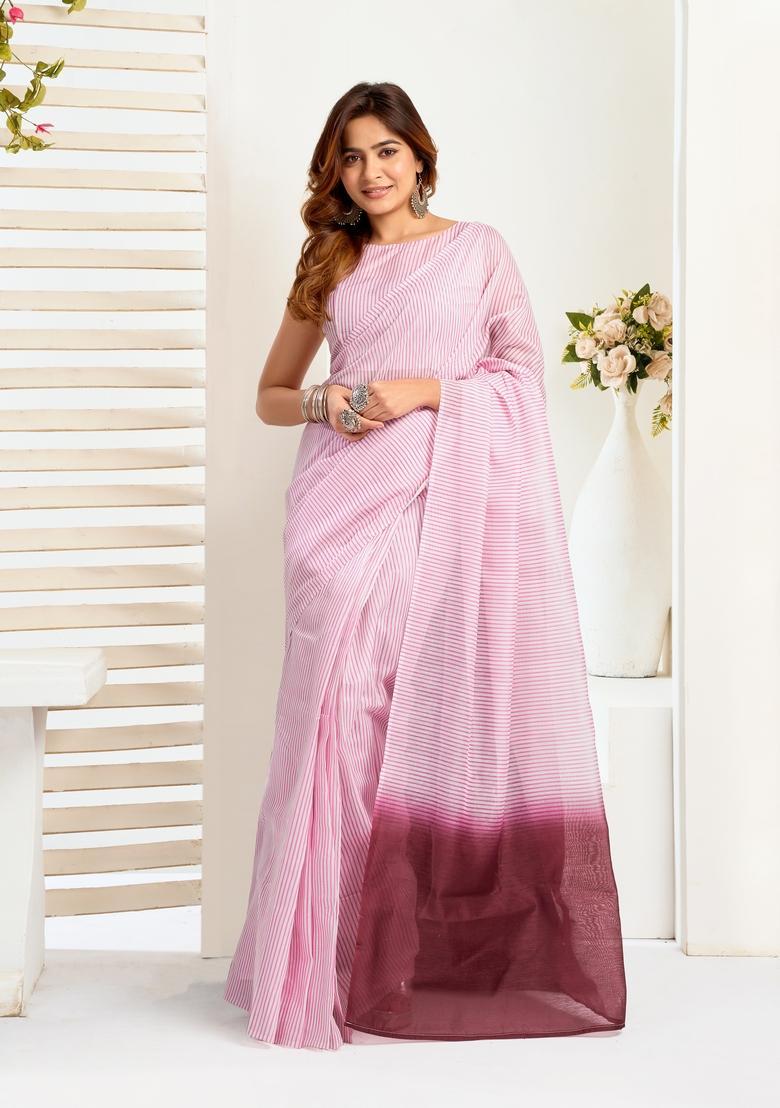 Pink Printed Linen Saree Set - Indya