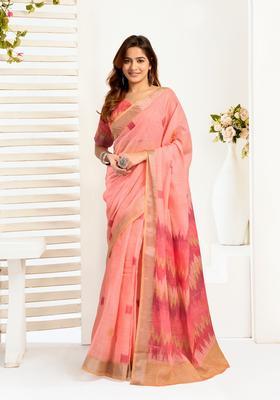Peach Printed Linen Saree Set