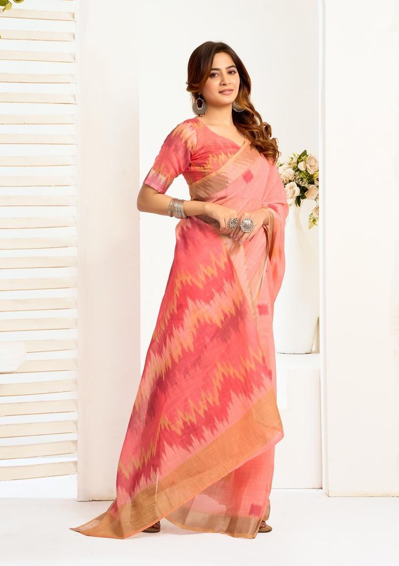 Peach Printed Linen Saree Set - Indya