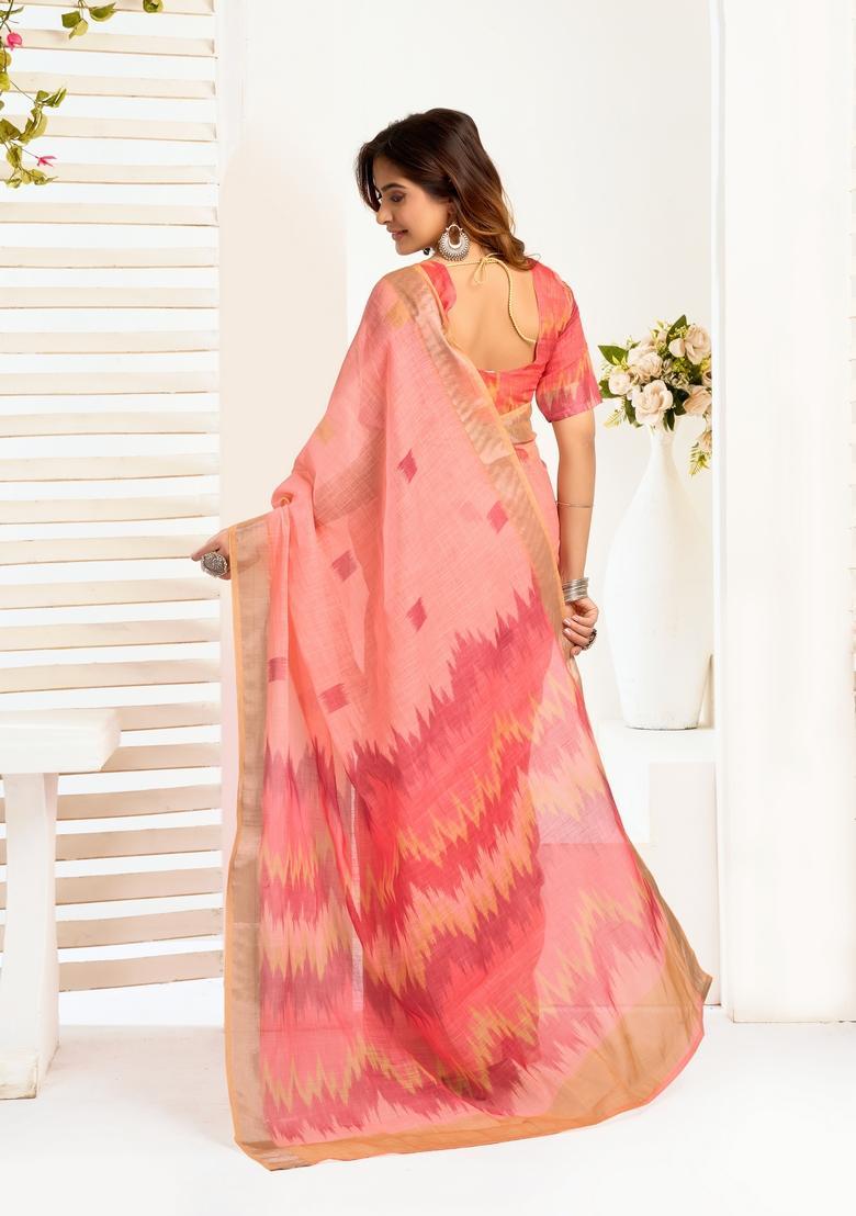 Peach Printed Linen Saree Set - Indya