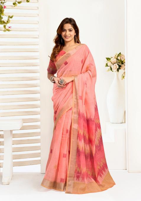 Peach Printed Linen Saree Set