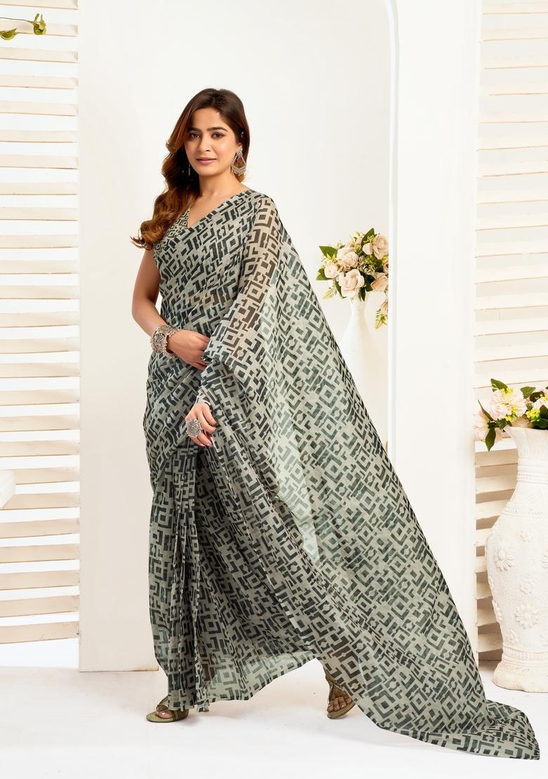 Black Printed Linen Saree Set - Indya