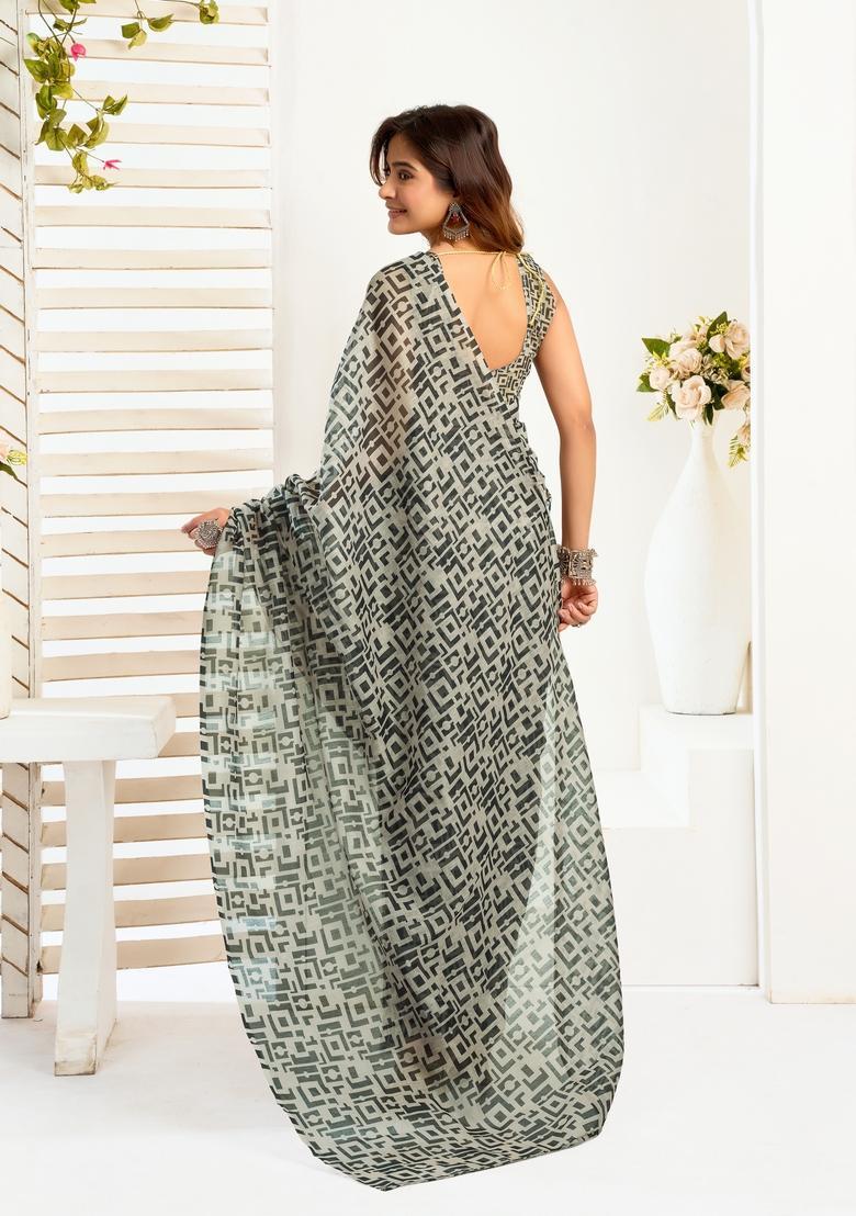 Black Printed Linen Saree Set - Indya