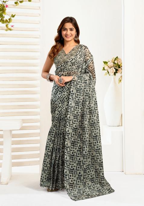 Black Printed Linen Saree Set