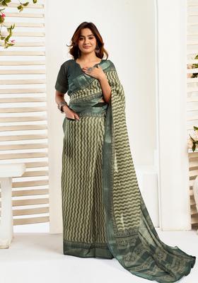 Green Printed Linen Saree Set