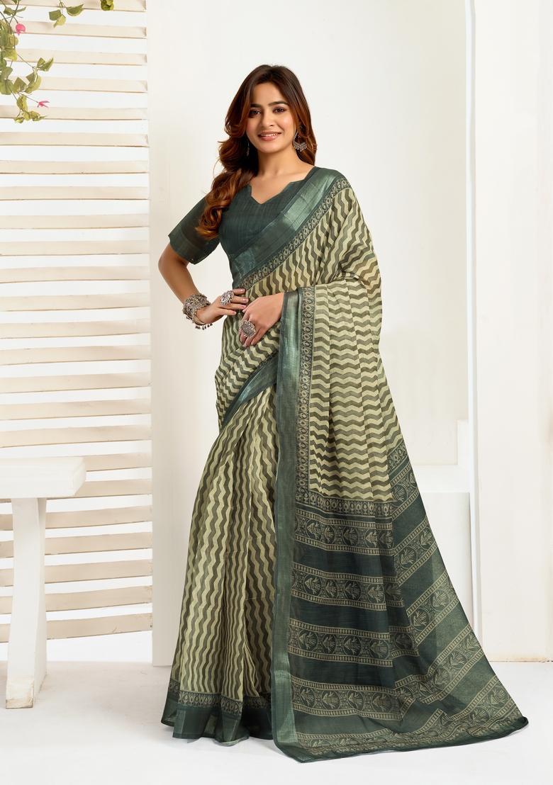 Green Printed Linen Saree Set - Indya