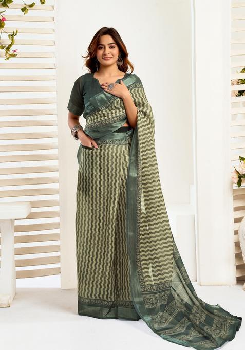Green Printed Linen Saree Set