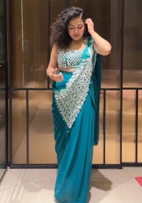 Rama Embroidery Georgette Saree Set