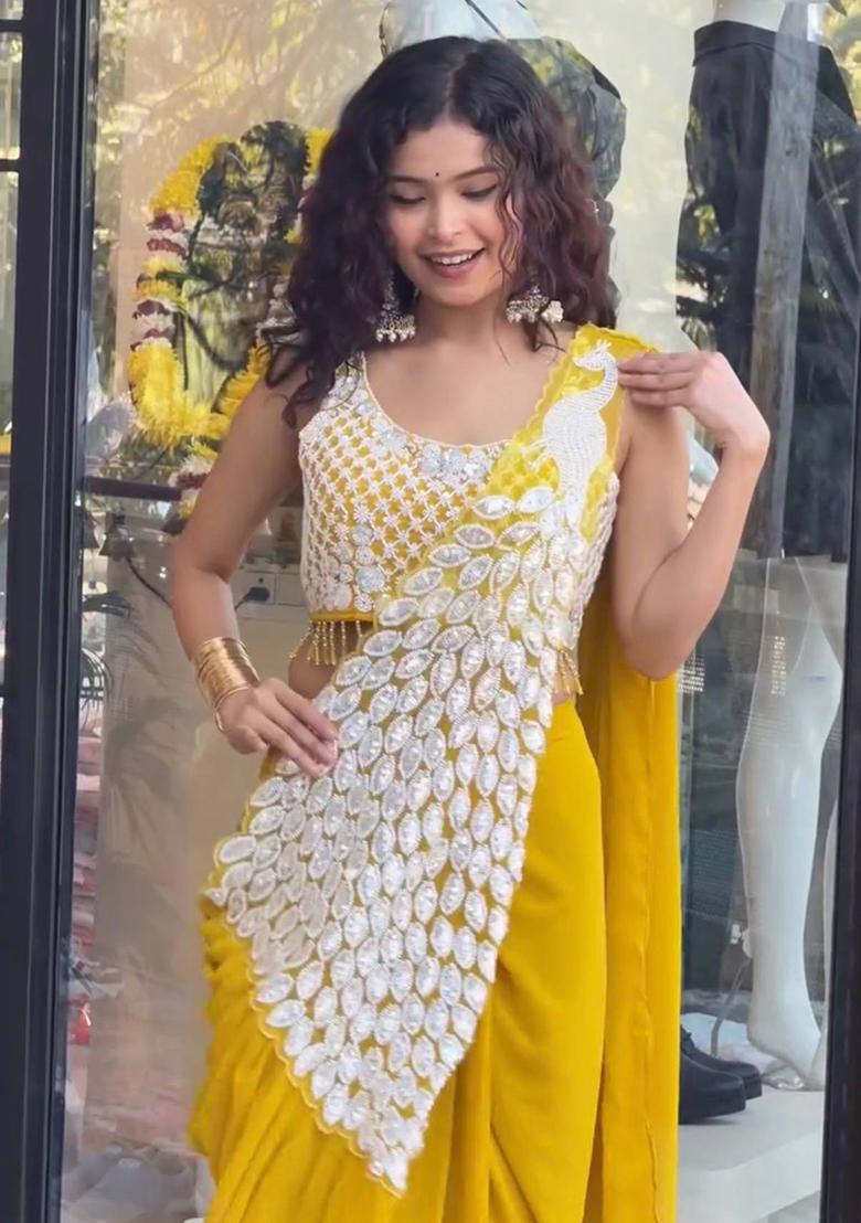Yellow Embroidery Georgette Saree Set - Indya