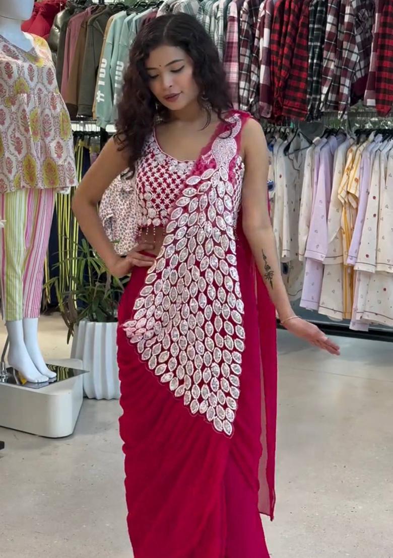 Rani Pink Embroidery Georgette Saree Set - Indya