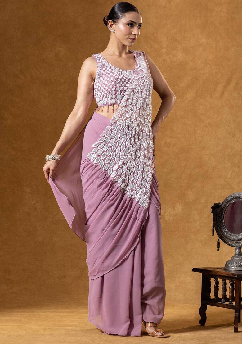 Peach Embroidery Georgette Saree Set - Indya