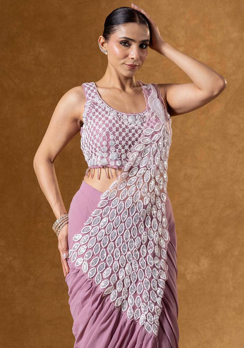 Peach Embroidery Georgette Saree Set - Indya