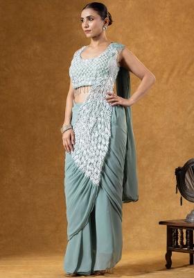 Pista Embroidery Georgette Saree Set