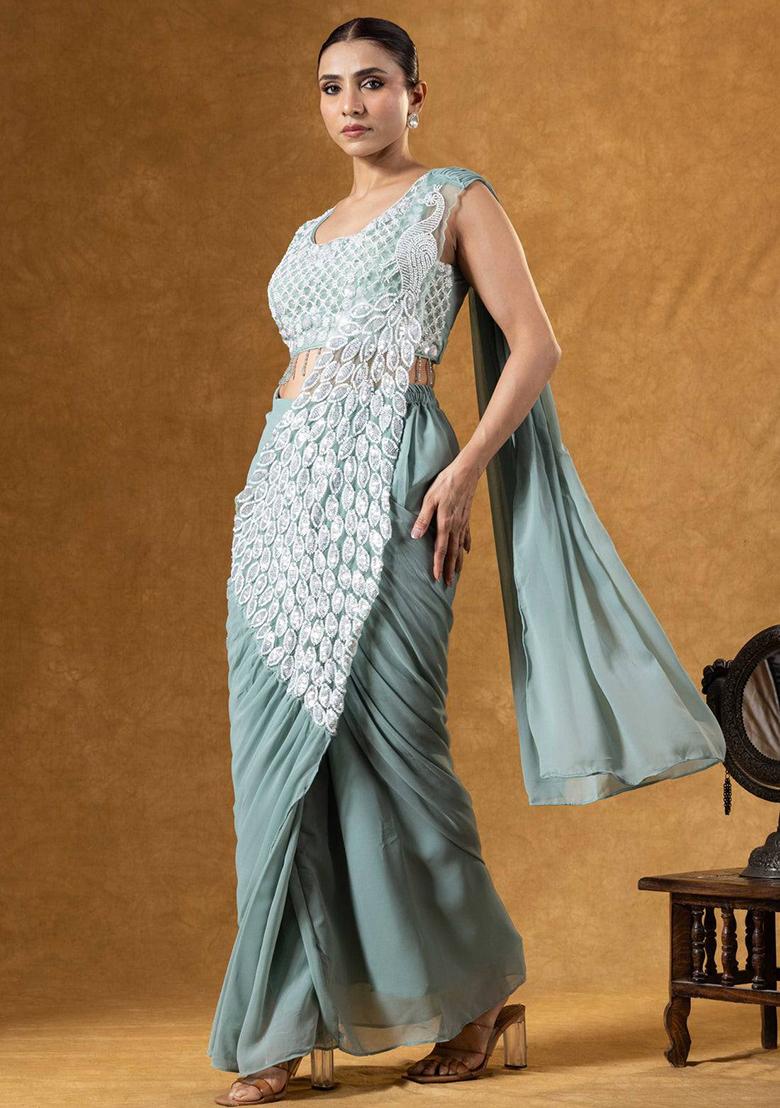 Pista Embroidery Georgette Saree Set - Indya