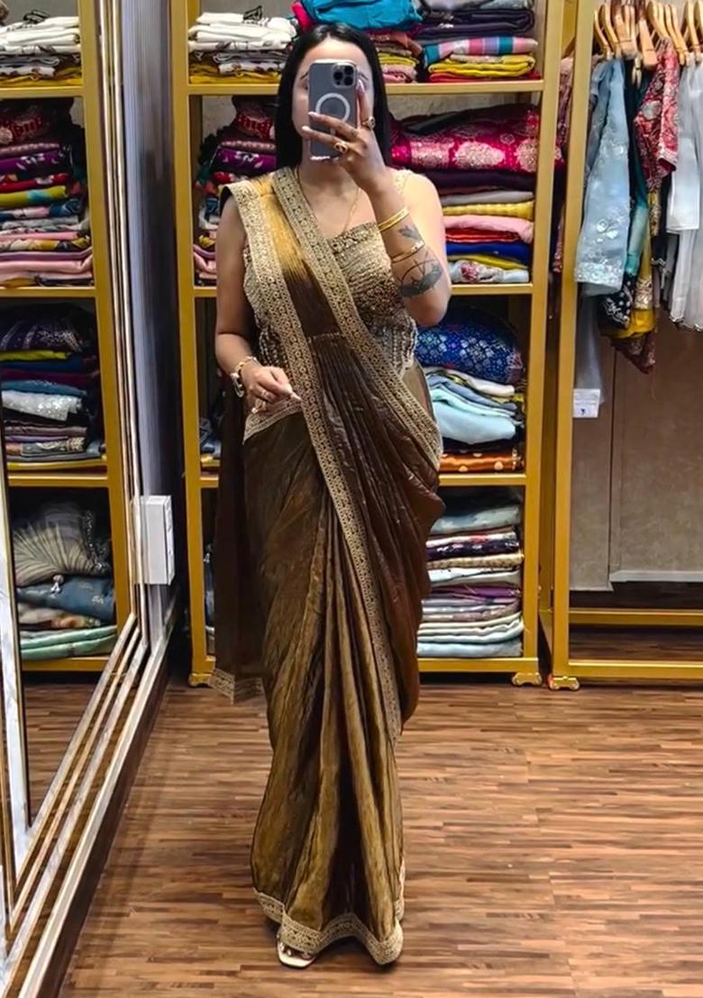 Gold Embroidery Satin Saree Set - Indya