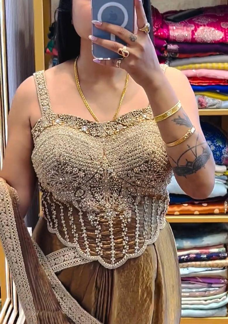 Gold Embroidery Satin Saree Set - Indya