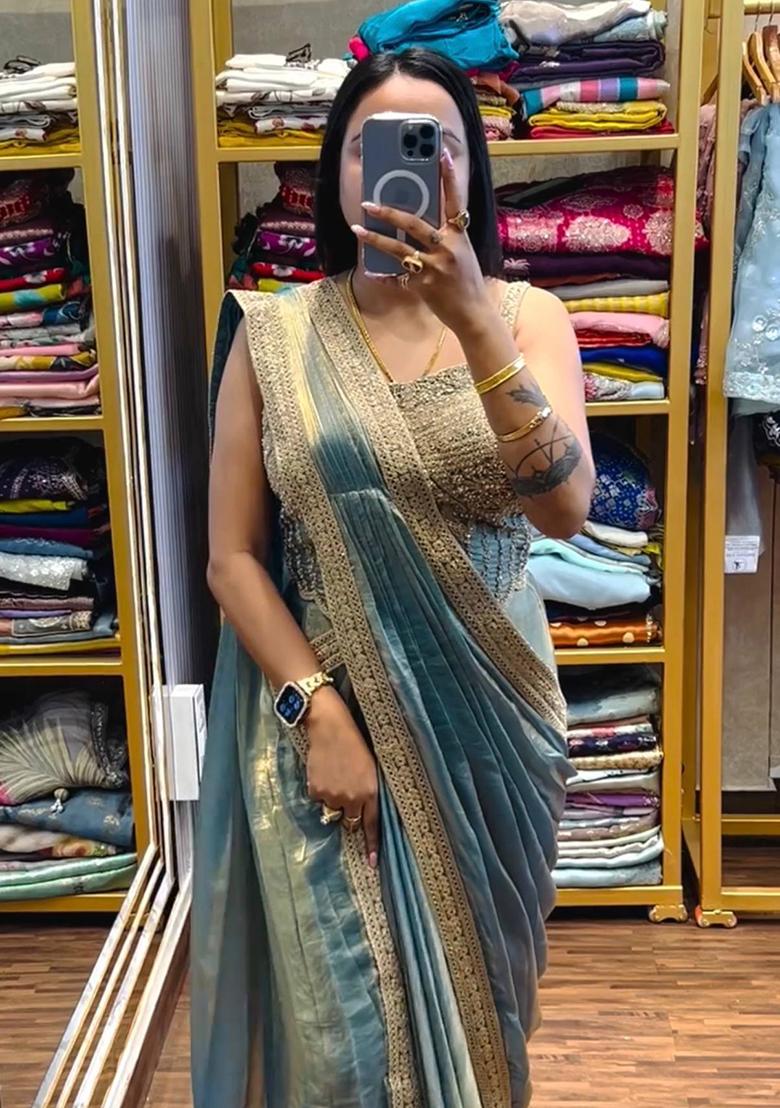 Blue Embroidery Satin Saree Set - Indya