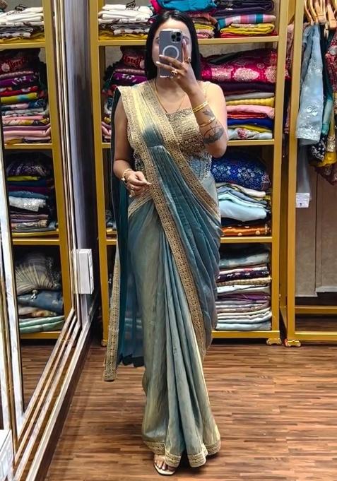 Blue Embroidery Satin Saree Set