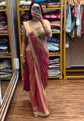 Peach Embroidery Satin Saree Set