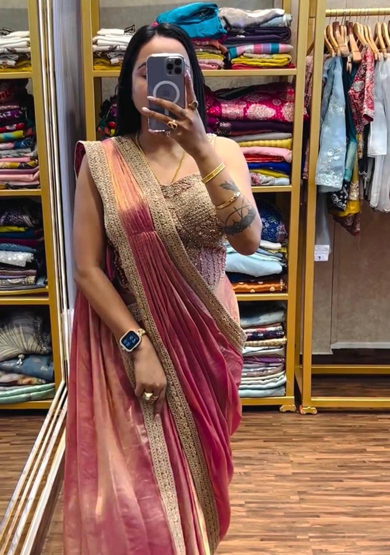 Peach Embroidery Satin Saree Set - Indya