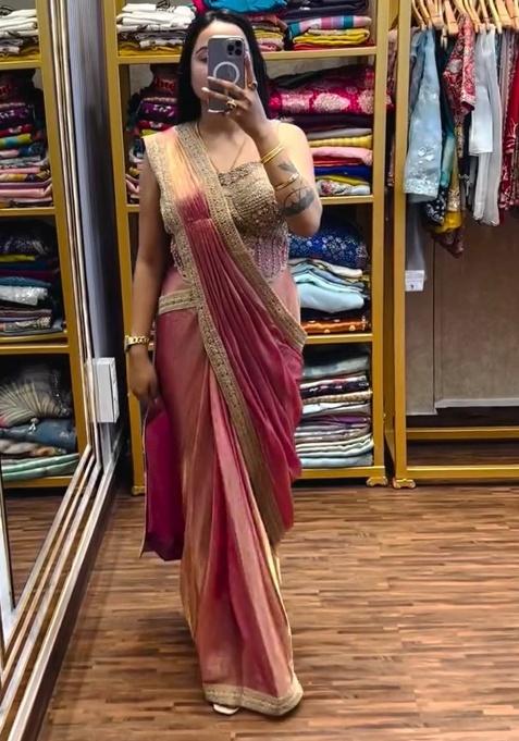Peach Embroidery Satin Saree Set
