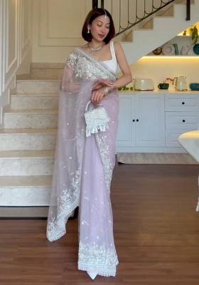Pista Embroidery Net Saree Set
