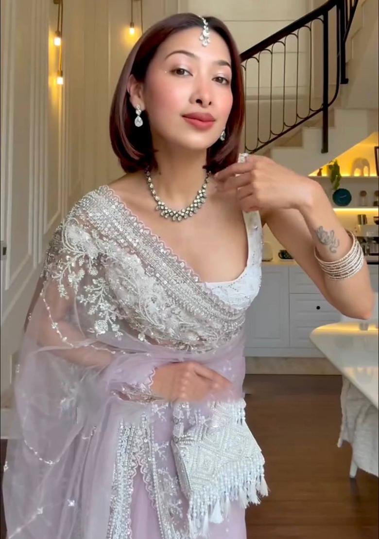 Pista Embroidery Net Saree Set - Indya