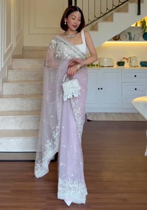 Pista Embroidery Net Saree Set