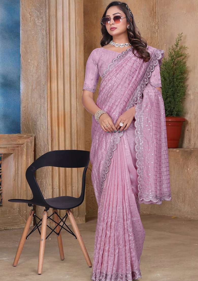 Pink Silk Blend Saree Set with Embroidery for Diwali | Wedding & Festive Wear - Indya