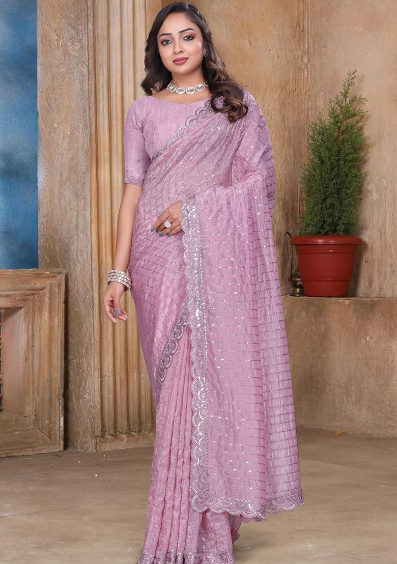 Pink Embroidery Silk Saree Set - Indya