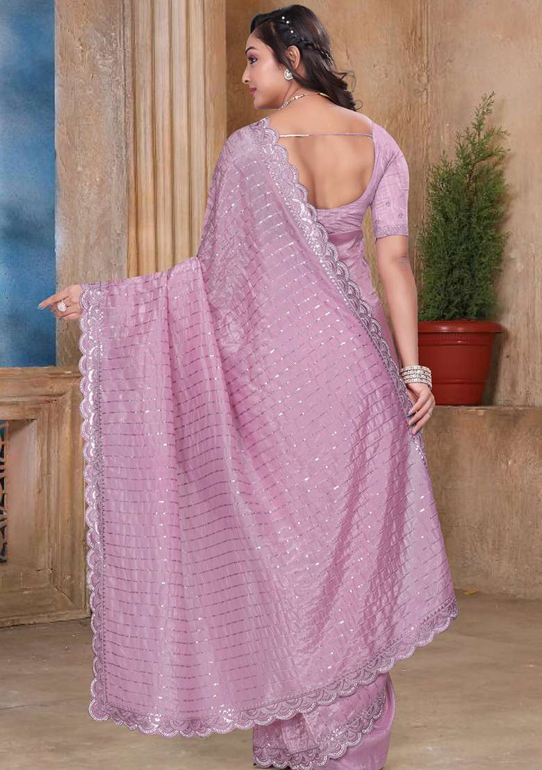Pink Silk Blend Saree Set with Embroidery for Diwali | Wedding & Festive Wear - Indya