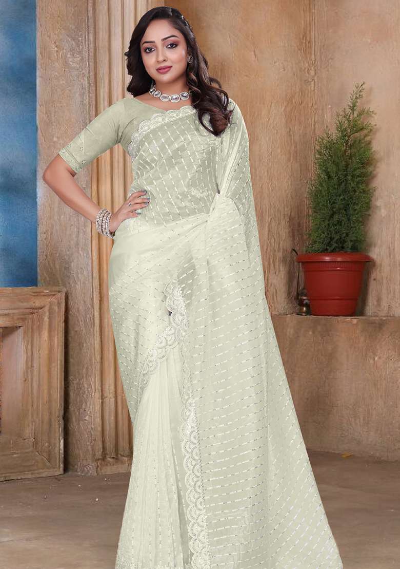 Cream Silk Blend Saree Set with Embroidery for Diwali | Wedding & Festive Wear - Indya