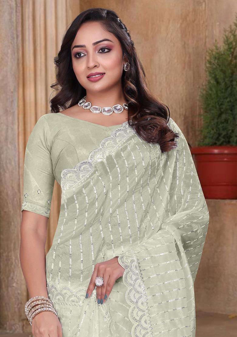 Cream Embroidery Silk Saree Set - Indya