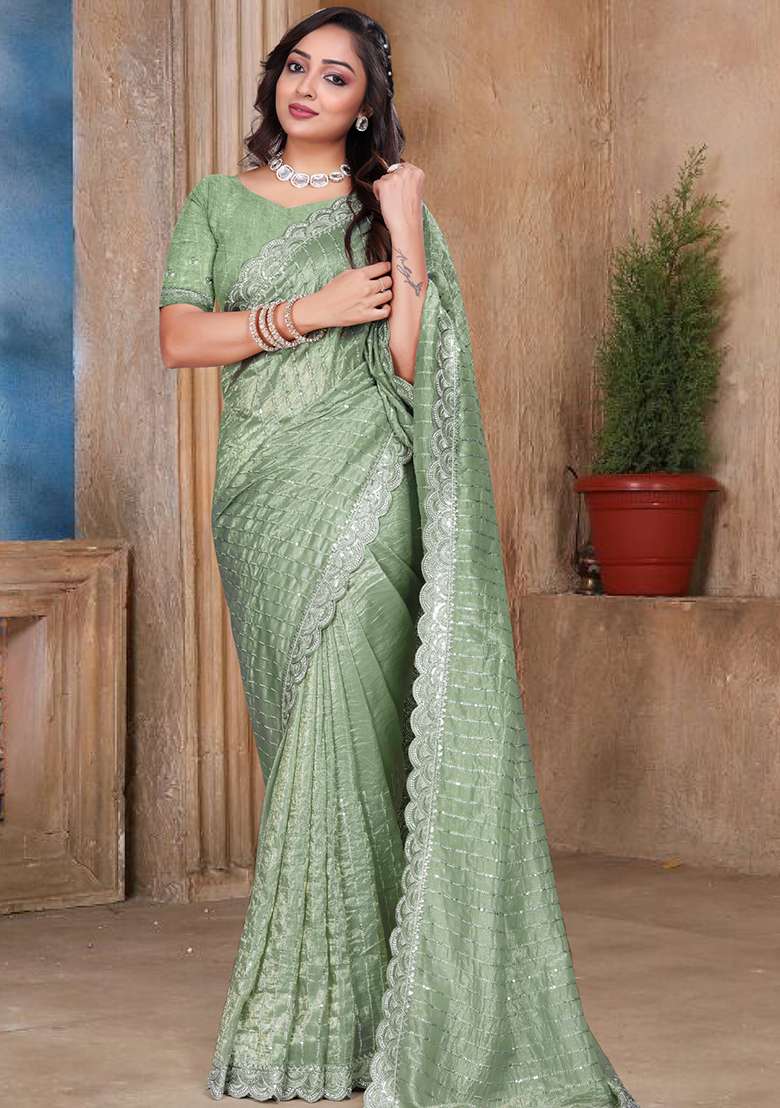 Green Embroidery Silk Blend Saree Set for Diwali and Festive Wear - Indya