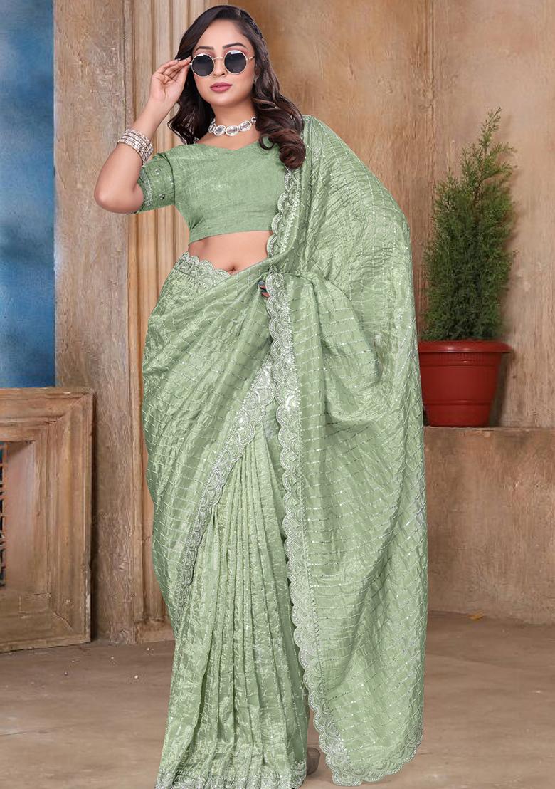 Green Embroidery Silk Saree Set - Indya