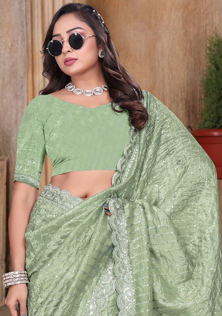 Green Embroidery Silk Saree Set - Indya