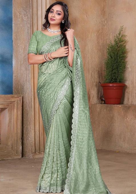 Green Embroidery Silk Saree Set