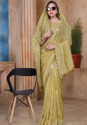 Mustard Embroidery Silk Saree Set