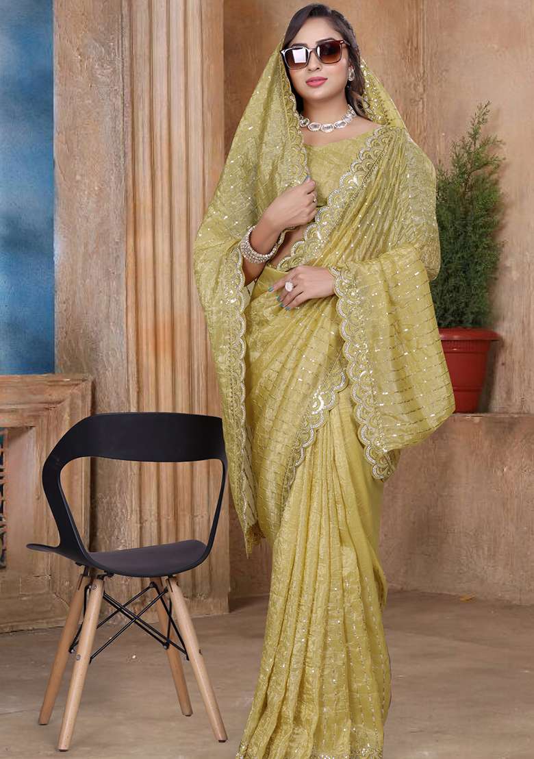 Mustard Silk Blend Saree Set with Embroidery for Diwali | Wedding & Festive Wear - Indya
